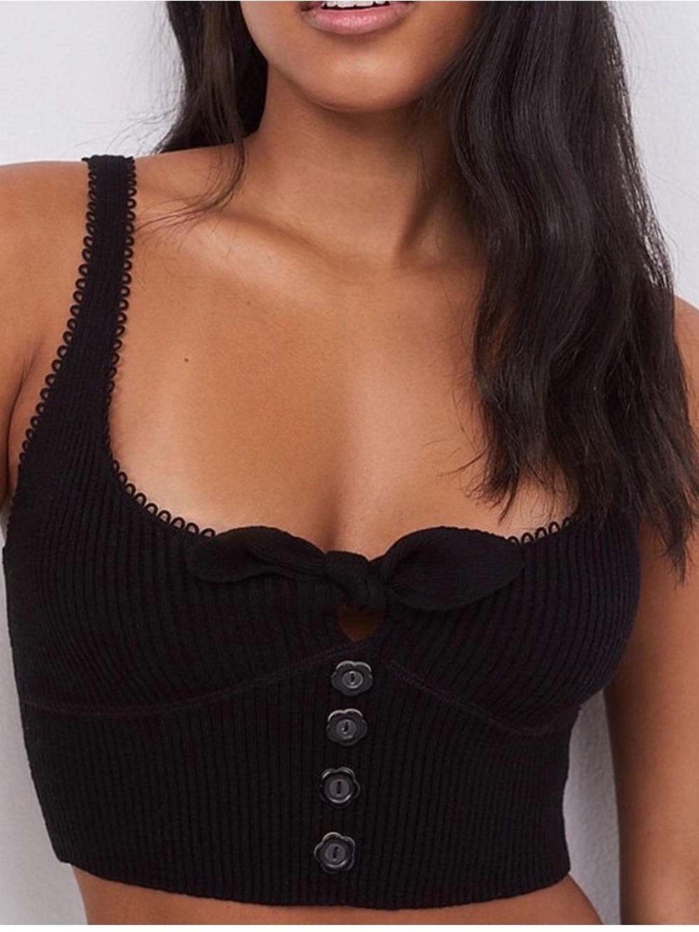For Love And Lemons Black Ribbed Tie-Front Crop Top